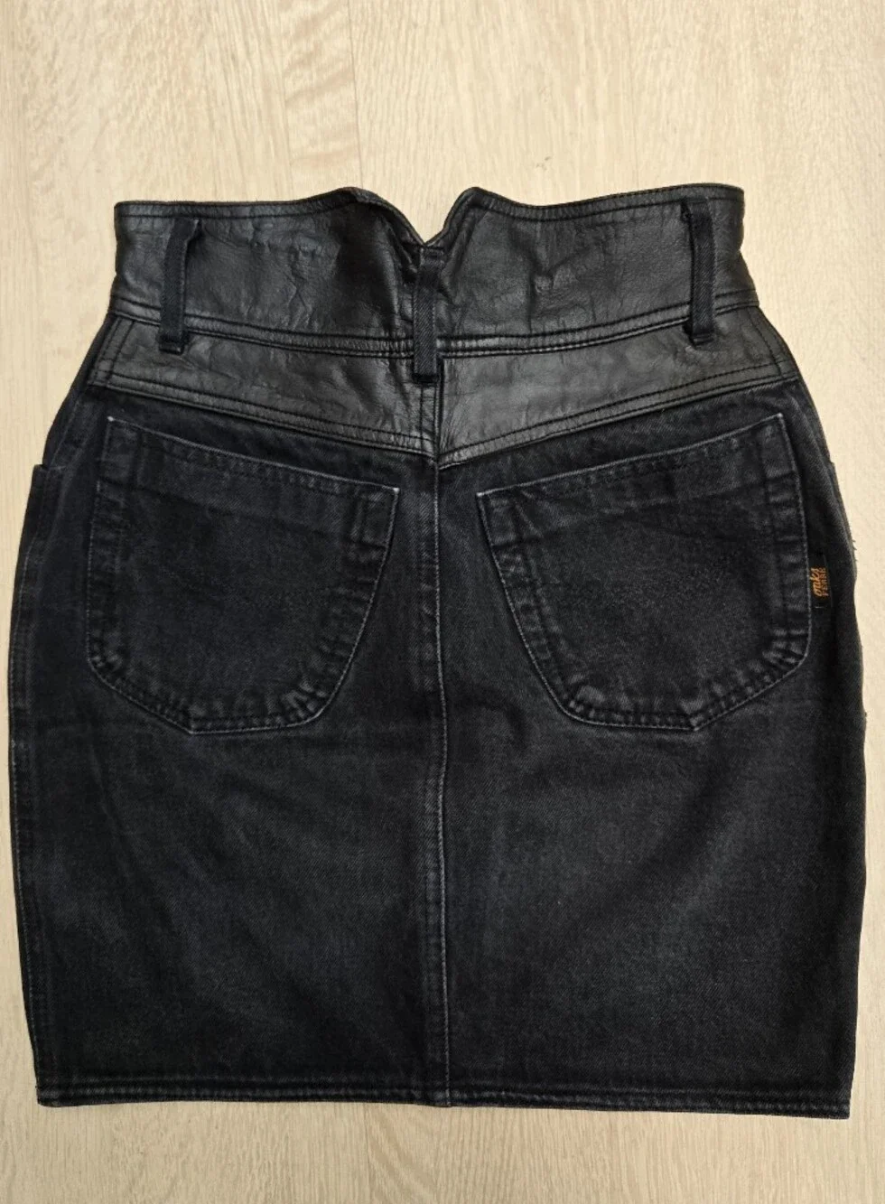 Vintage 80s Oaks by Ferré Denim Mini Skirt Leather Yoke Designer Italy XS